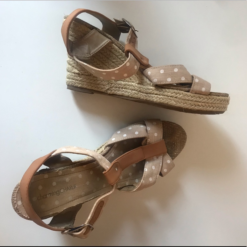 Wedge tan polka dot heels